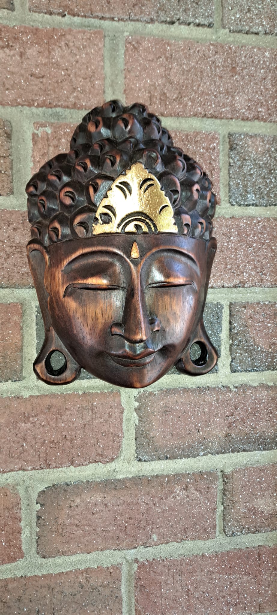 Natural Wood with Gold Touch Buddha Mask Exquisite Bali Craftsmanship for Serenity and Elegance, Wall Decor