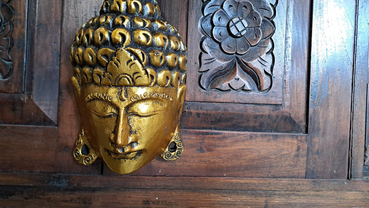 Golden Serenity Wooden Buddha Mask – Hand-Carved in Exotic Bali, Housewarming Gift, Tropical, Modern, Elegant, Adds Calming Tranquility to Your Room, Hallway, Office or Shop