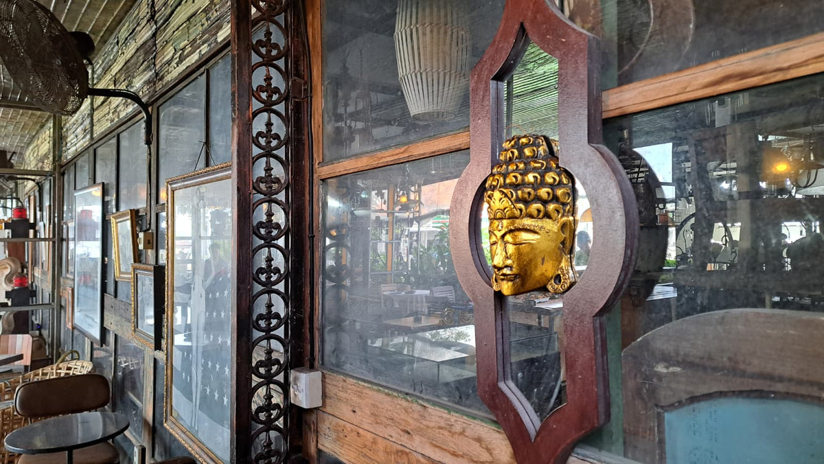 Golden Serenity Wooden Buddha Mask – Hand-Carved in Exotic Bali, Housewarming Gift, Tropical, Modern, Elegant, Adds Calming Tranquility to Your Room, Hallway, Office or Shop