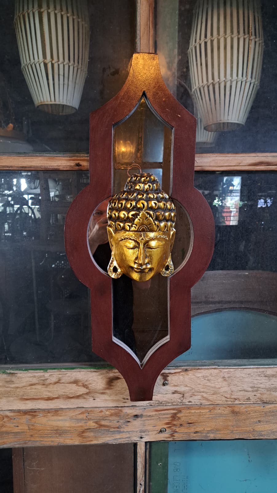 Golden Serenity Wooden Buddha Mask – Hand-Carved in Exotic Bali, Housewarming Gift, Tropical, Modern, Elegant, Adds Calming Tranquility to Your Room, Hallway, Office or Shop