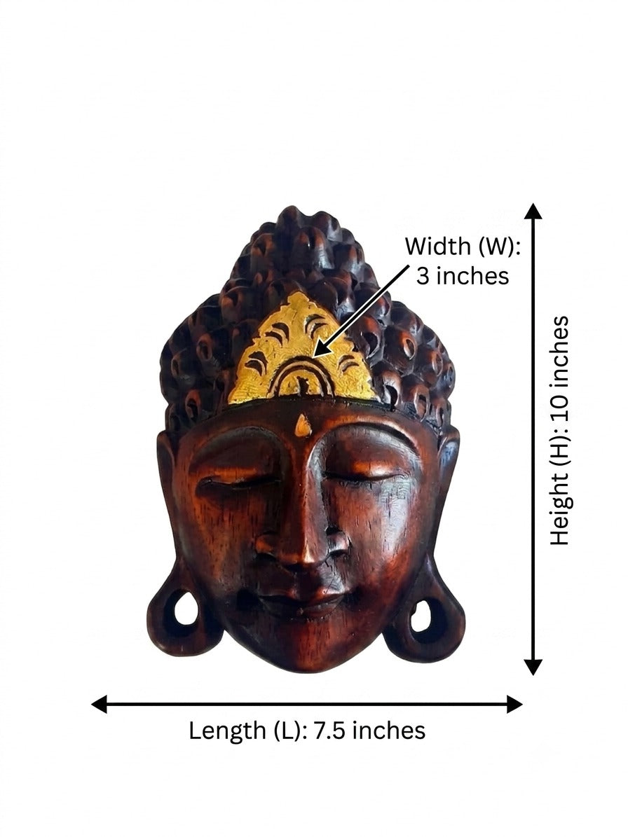 Natural Wood with Gold Touch Buddha Mask Exquisite Bali Craftsmanship for Serenity and Elegance, Wall Decor