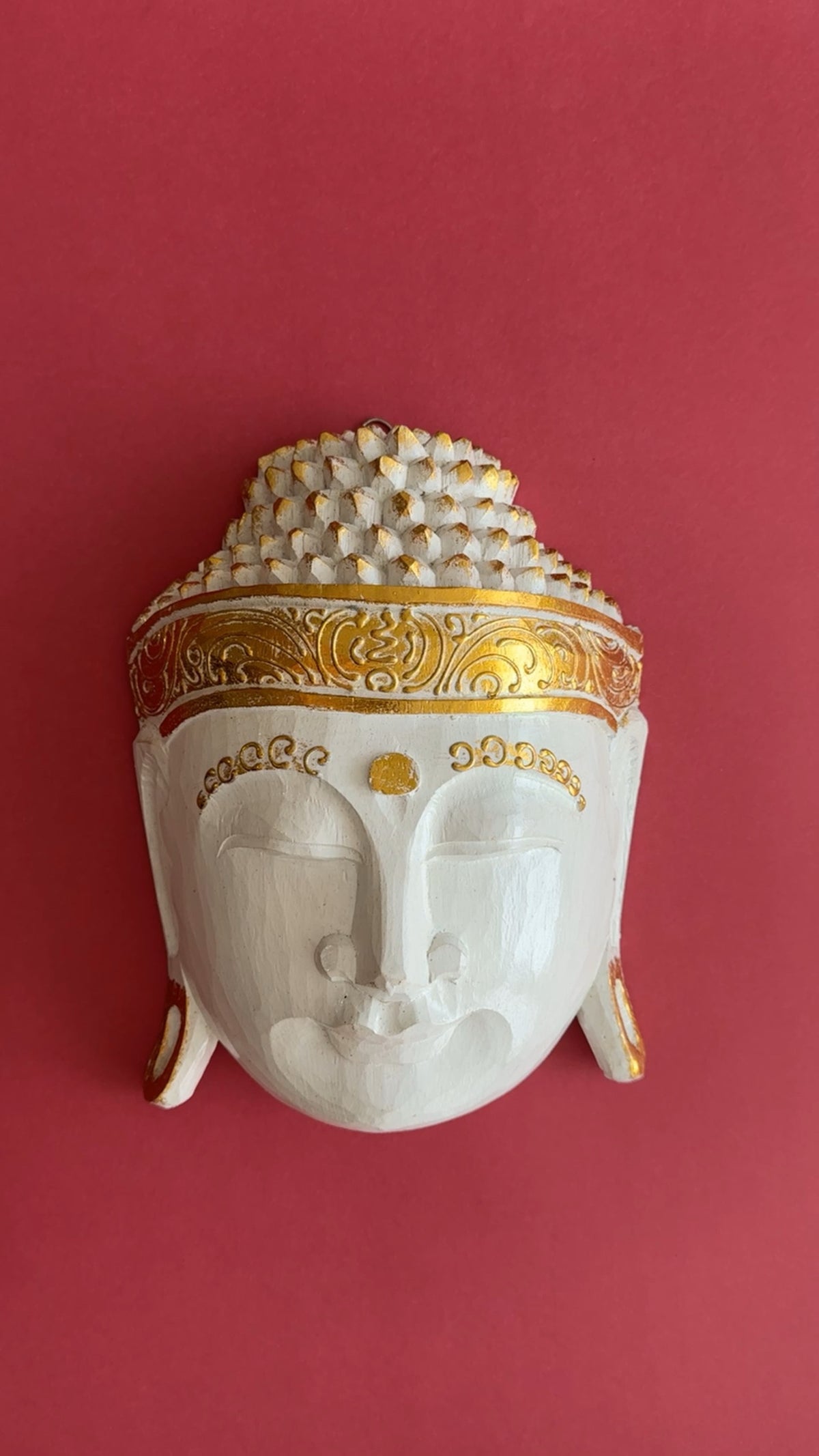 Zen Spirit White Buddha Mask with Gold Trim Hand Carved in Bali, Modern,Tropical Elegant