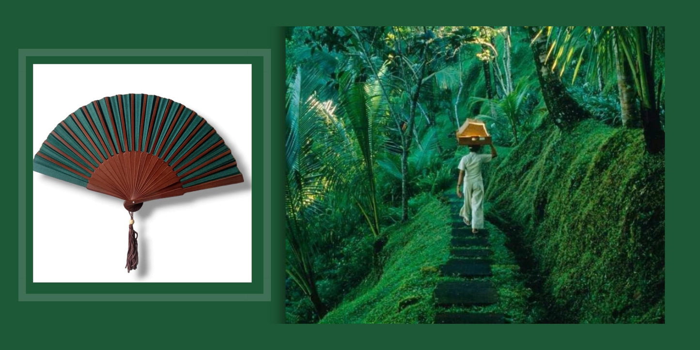 Exotic  Jungle Green  Folding Hand Fan 9 Inches, Handmade in Bali.