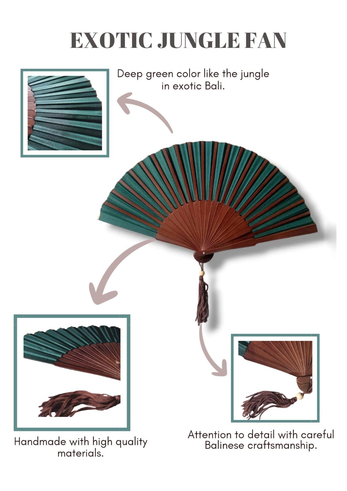 Exotic  Jungle Green  Folding Hand Fan 9 Inches, Handmade in Bali.