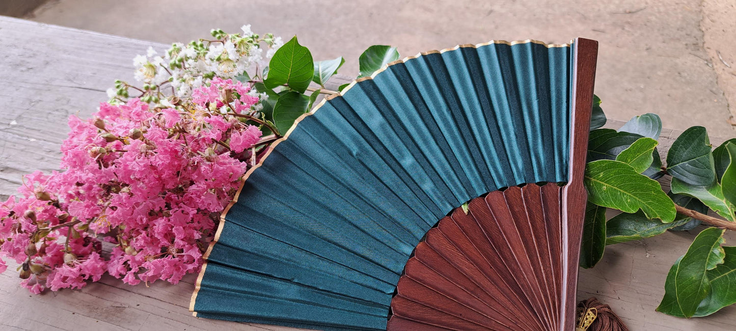 Exotic  Jungle Green  Folding Hand Fan 9 Inches, Handmade in Bali.