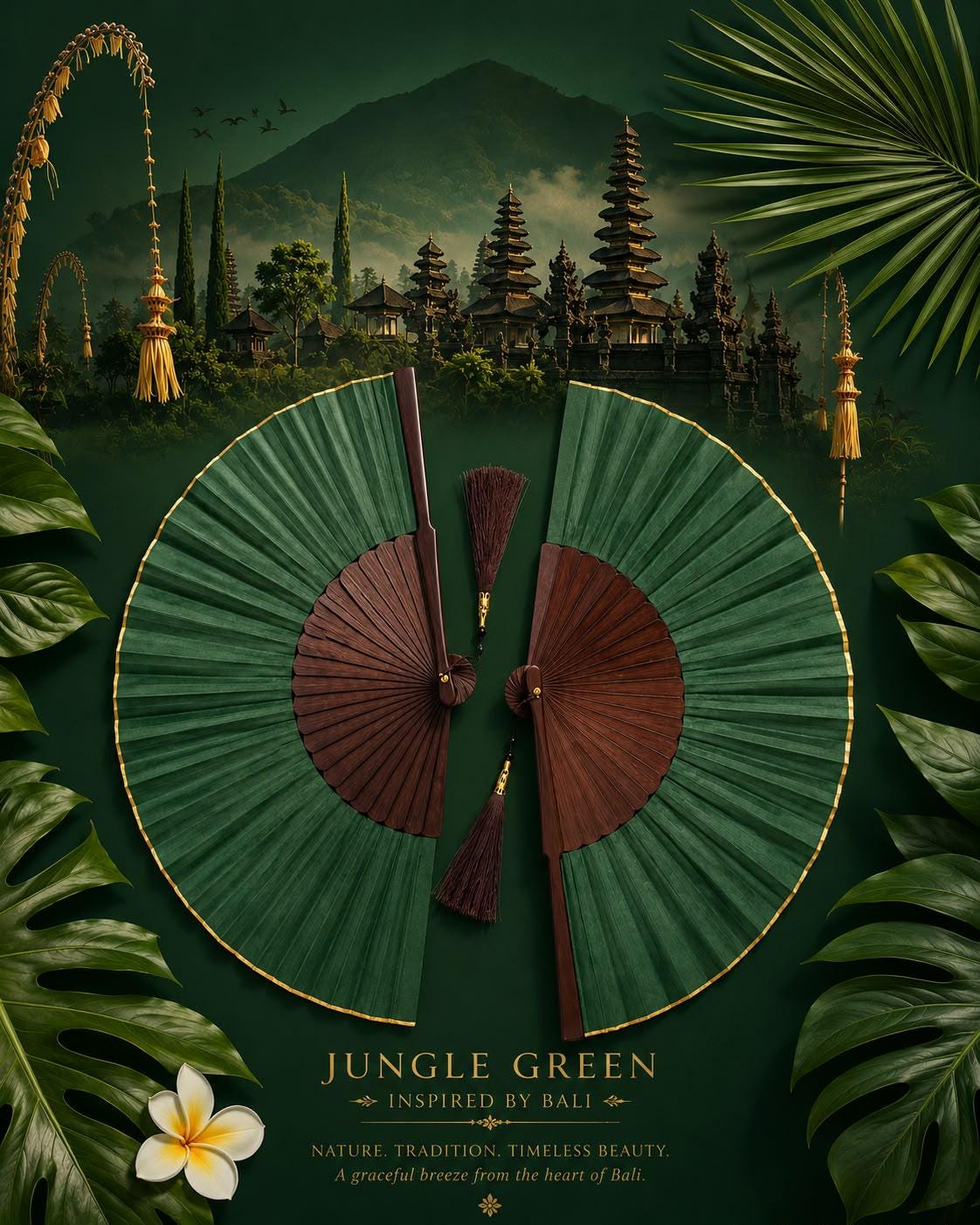 Exotic  Jungle Green  Folding Hand Fan 9 Inches, Handmade in Bali.