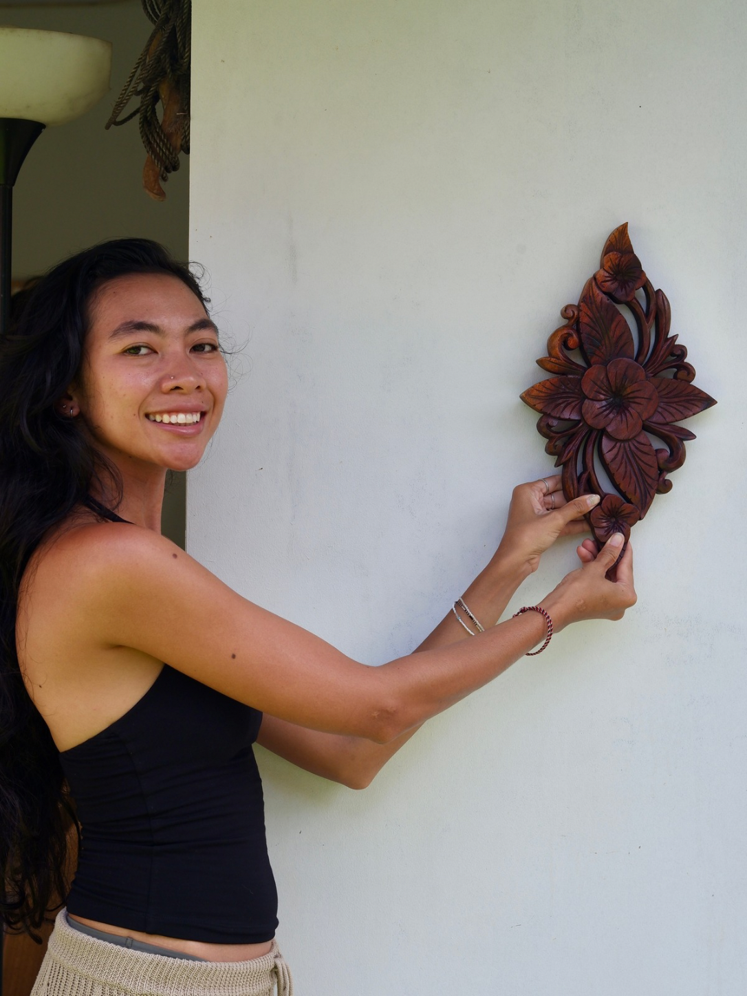Handmade Balinese Wooden Floral Wall Carving – Hand-Carved Botanical Wall Décor